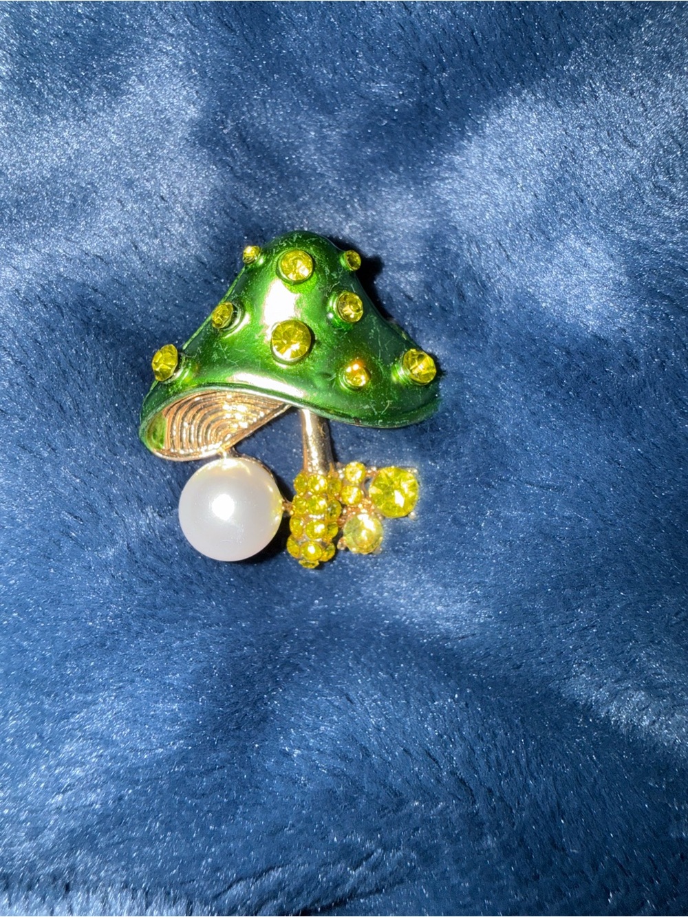 Mushroom Brooch Pendant Green Enamel with Pearl Accent Yellow Rhinestones #12